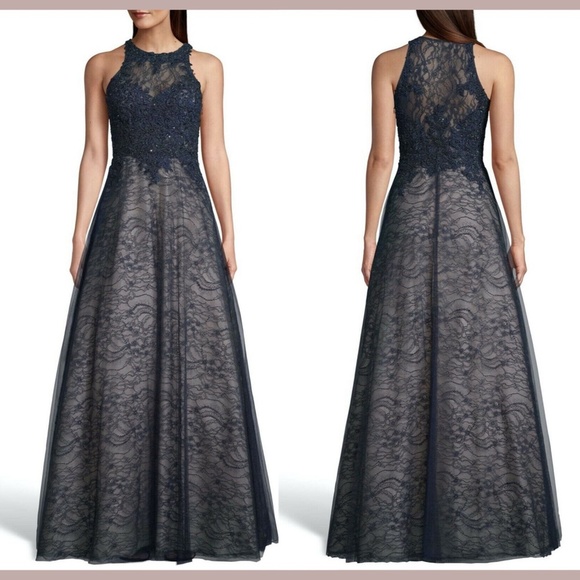 NWT $288‎ XSCAPE Sparkling Lace Evening Dress in Navy/Nude [SZ 6 ] - Picture 1 of 8